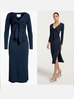 NWT Cinq a Sept "Brenna" Navy Tie-Front Long-Sleeve Midi Dress